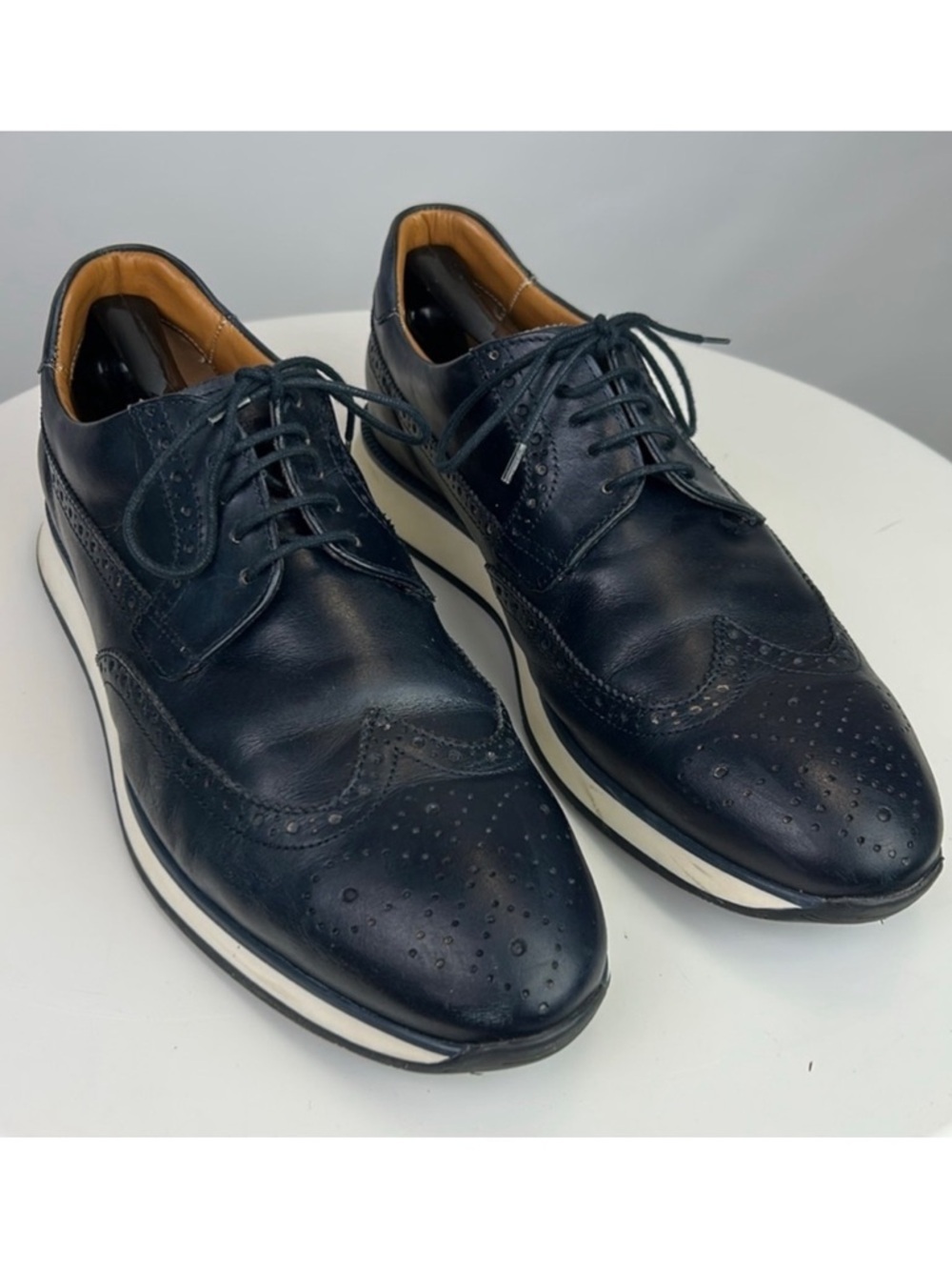 Massimo Dutti Men’s Navy Blue Napa Leather Oxford Shoes White Rubber Outsoles